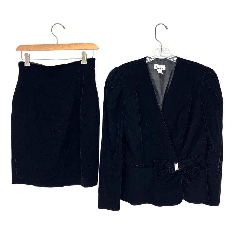 Vintage 80s 90s Velvet Suit Skirt Blazer Set PATRA Sz 8 Jewels Glam Vamp Evening